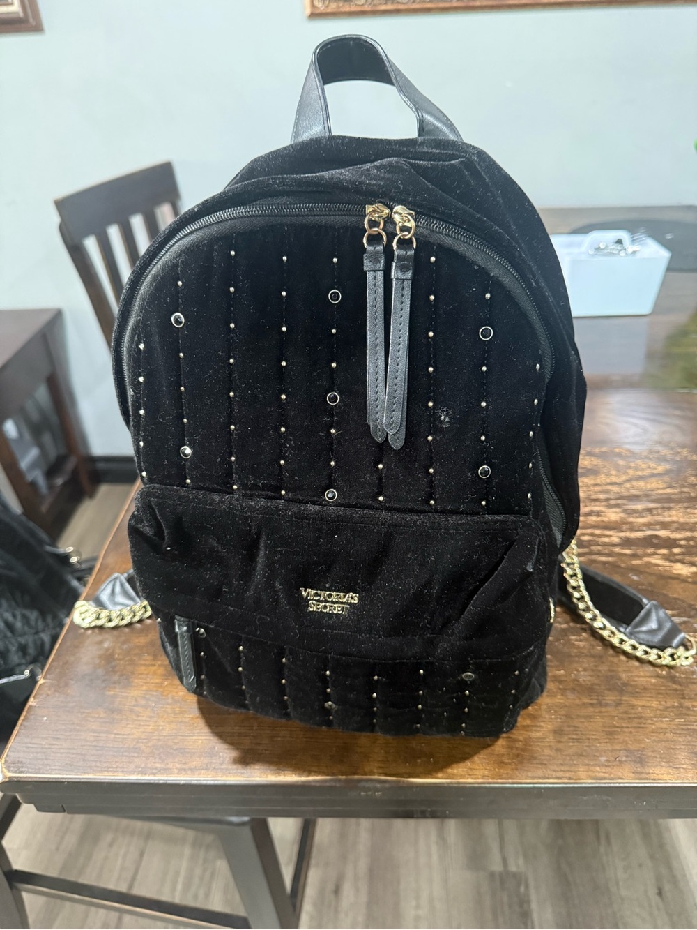 Victoria's Secret Black Velvet Studded Mini Backpack with Gold Accents